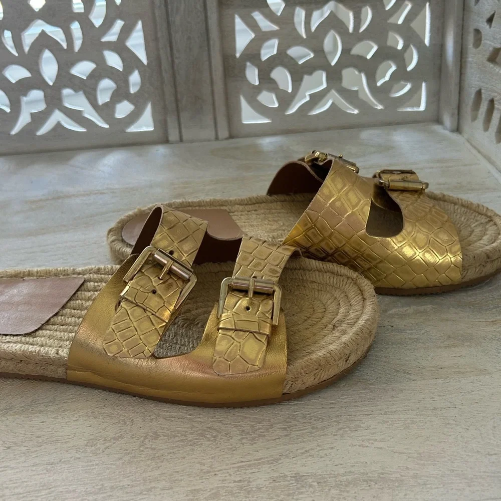 Aldo Dolci Gold Metallic Espadrille Sandals Reptile Crocodile Print Leather 9